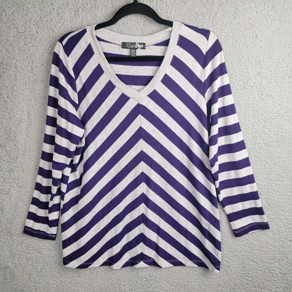 Zena Woman Tunic Shirt Womens L Navy Blue White V-Neck Flattering Angle Stripes